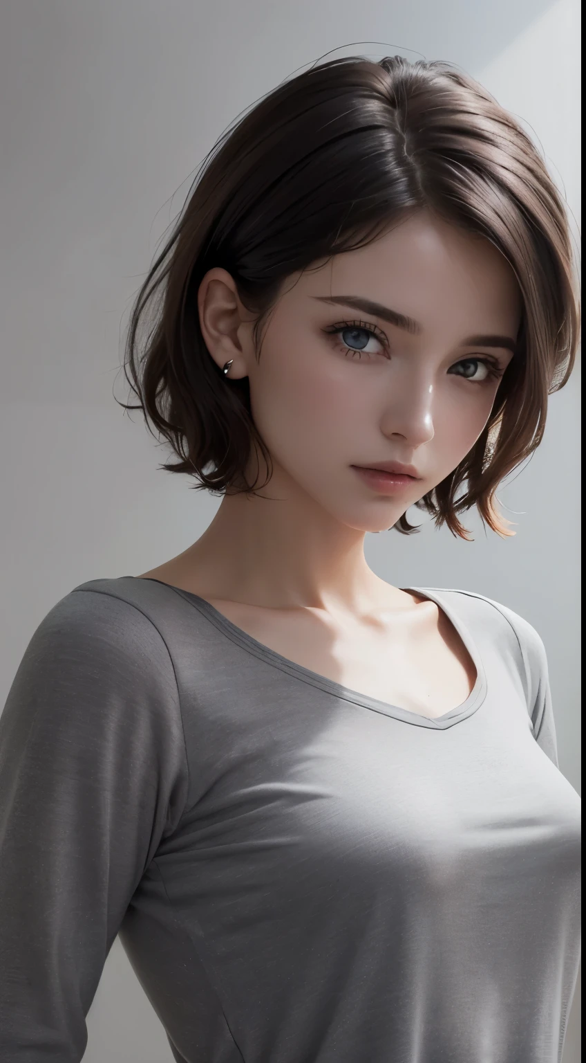 8K  UHD、RAWphotograph、Model photo shoot、 European race、(masterpiece、highest quality、Photorealistic、High resolution、photograph:1.3)、Close-up、Focusing、Hot Model、slim、30 year old mature woman、Small face、Short Hair、Dark Brown Haine beautiful eyes、Real Skin、(perfect body)、Sexy hot face、Erotic、Sexual gaze、slim、Sweat top、Detailed beautiful eyes、Glossy lips、Small breasts、、Bust B cup、((Bright light、Dynamic lighting、Real、超Real、 Realism、Realistic details、Cool beauty、Cool pose、Background gray、Plain grey background