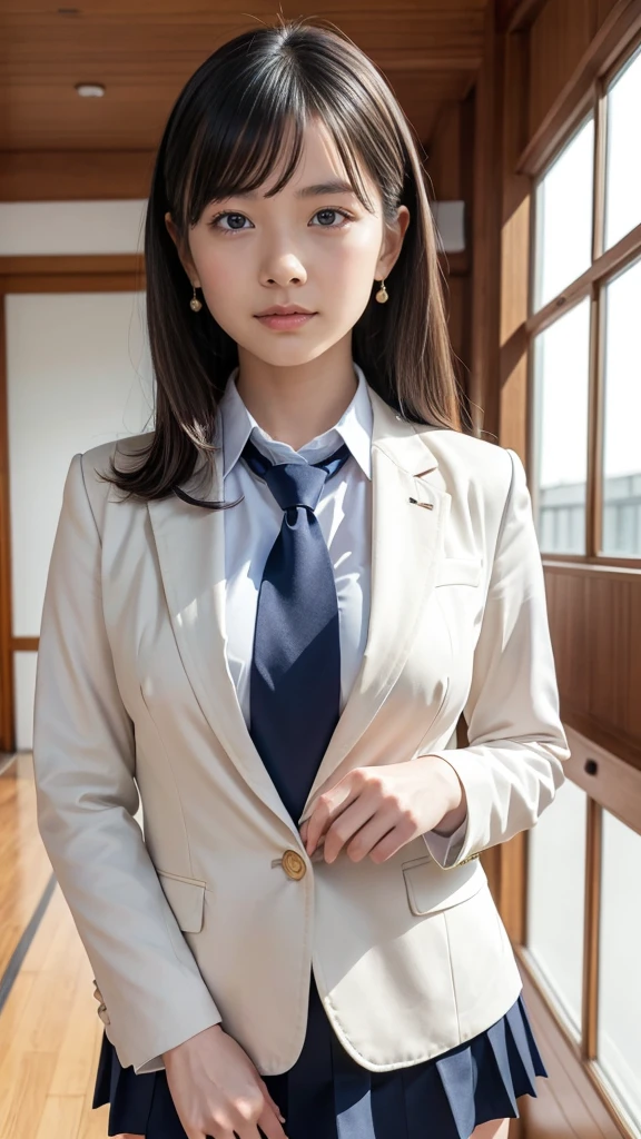 a Japanese girl walking in the school, school, a white wall, a grey table, ((master piece)), ((best quality)), ((intricate detailed)), ((Hyperrealistic)), milf, mature woman, perspective, highly detailed, illustration, ((natural beautiful breasts)), perfect hands, detailed fingers, beautiful detailed eyes, medium long hair, blown eyes, school blazer, school shirt, school dark blue mini skirt, long school necktie, earrings, detailed background, perfect eyes, looking at the viewer, from front, white panties, slender body, 168cm,