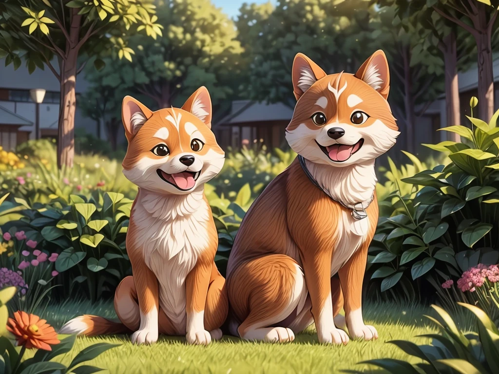 a cute Shiba Inu, playful expression, fluffy fur, alert ears, squinted eyes, wagging tail, sitting in a vibrant garden, basking in the sunlight, surrounded by colorful flowers, green grass, and tall trees, capturing the essence of nature, with a hint of autumn colors, warm and vibrant vibes, medium: digital illustration, detailed textures, crisp lines, best quality, realistic colors, soft lighting, showcasing the joy and charm of the Shiba Inu breed.