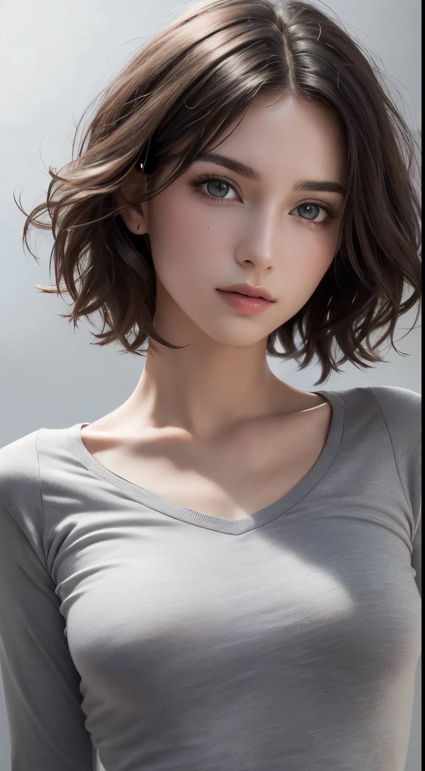 8K uhd、RAWphotograph、モデルphotograph撮影、 European race、(masterpiece、highest quality、Photorealistic、High resolution、photograph:1.3)、Close-up、Focusing、Hot Model、slim、30 year old mature woman、Small face、Short Hair、Dark Brown Hair、Fine beautiful eyes、Realスキン、(perfect body)、Sexy hot face、Erotic、Sexual gaze、slim、Sweat top、Detailed beautiful eyes、Glossy lips、Small breasts、、Bust B cup、((Bright light、Dynamic lighting、Real、超Real、 realism、Realなディテール、Cool beauty、Cool pose、Background gray、Plain grey background