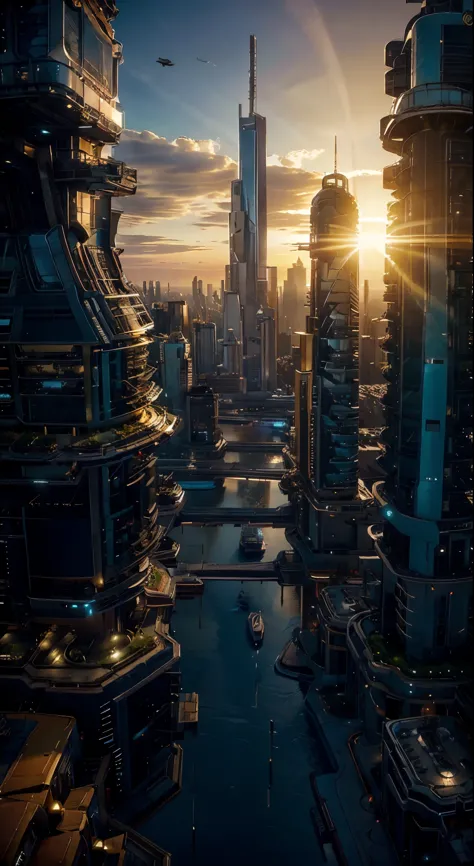 sunset view, golden hour, seen from an airplane,future city:1.3,port,flying spaceship,skyscraper, universe glimpse in the sky,ma...