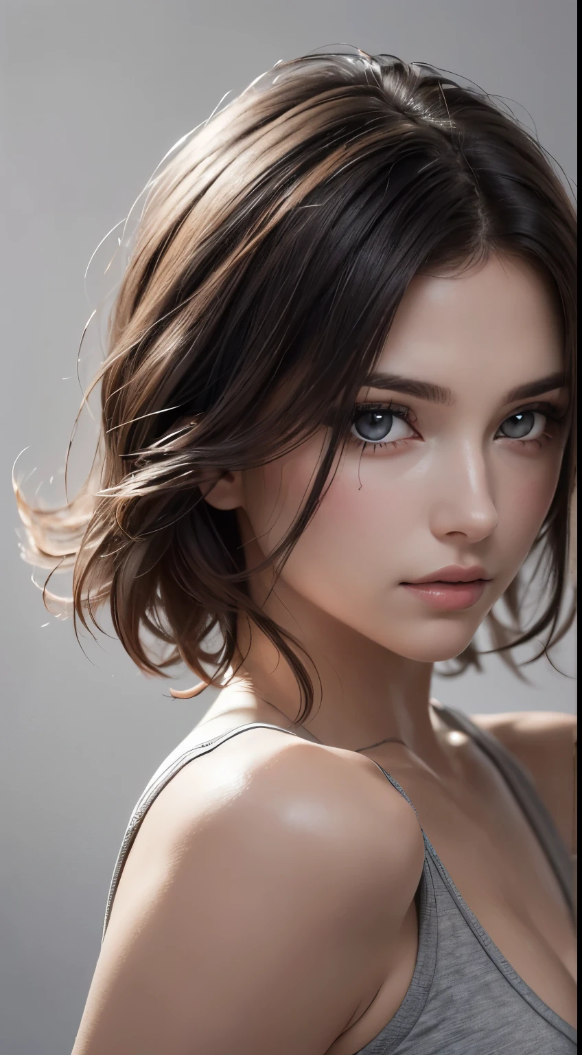 8K uhd、RAWphotograph、モデルphotograph撮影、 European race、(masterpiece、highest quality、Photorealistic、High resolution、photograph:1.3)、Close-up、Focusing、Hot Model、slim、30 year old mature woman、Small face、Short Hair、Dark Brown Hair、Fine beautiful eyes、Realスキン、(perfect body)、Sexy hot face、Erotic、Sexual gaze、slim、Sweat top、Detailed beautiful eyes、Glossy lips、Small breasts、、Bust B cup、((Bright light、Dynamic lighting、Real、超Real、 realism、Realなディテール、Cool beauty、Cool pose、Background gray、Plain grey background