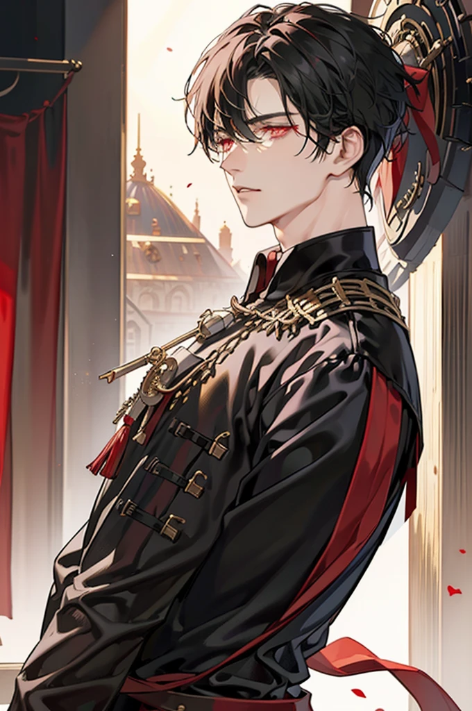 1 male, adult face, short messy black hair with bangs, handsome, blood red eyes, detailed eyes, tall and lean body, condescending, arrogant, royalty, tyrannical ruler, ((black, red, gold, (white))), medieval fantasy, dark souls, close up