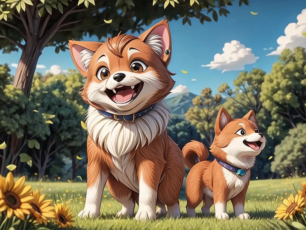 best quality,ultra-detailed,portraits,shiba inu,anime,flying dog,playful,fluffy fur,joyful expression,white clouds,blue sky,green grass,bright sunlight,lively atmosphere