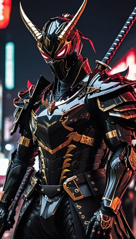 araffe dressed in a black suit holding a sword and a sword, cyborg samurai, cyber japan samurai armor, cyberpunk samurai, very b...