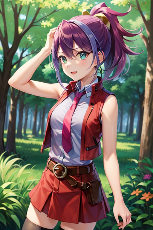 masterpiece, best quality, highres, 1girl, solo, hy1, hair ornament, multicolored hair, necktie, skirt, sleeveless, , black thighhighs, jewelry, aaserena, ponytail, multicolored hair, red jacket, black shirt, belt, white skirt, happy, cowboy shot, outdoors, forest 