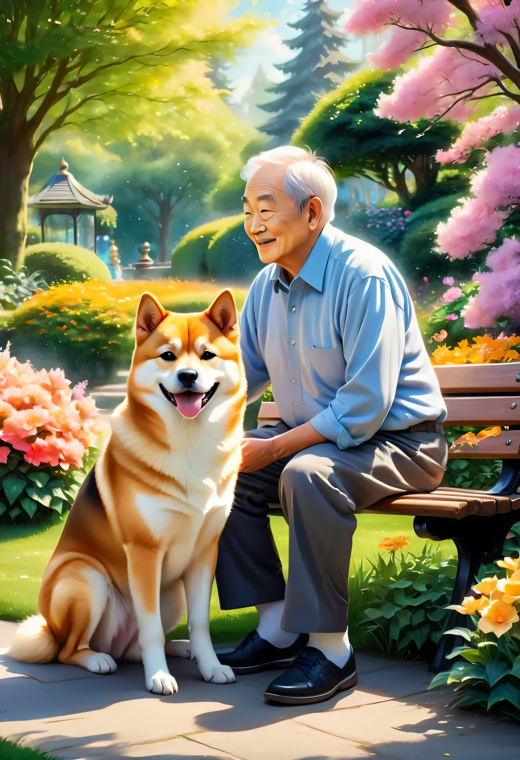 (best quality,highres,masterpiece:1.2),watercolor painting,Shiba Inu,elderly man sitting on a park bench,magical and heartwarming,sunlit garden scene,detailed fur texture,expressive brush strokes,pastel color palette,soft and gentle lighting,vibrant flowers blooming around,serene atmosphere,peaceful feeling,close-up of the dog's wagging tail,crisp and clear details,emotional connection between the dog and the elderly man,tranquil ambiance,implied storytelling,whimsical and dreamy,moment frozen in time,love and companionship,enchanting bond between human and animal