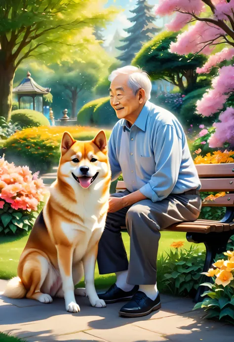 (best quality,highres,masterpiece:1.2),watercolor painting,Shiba Inu,elderly man sitting on a park bench,magical and heartwarmin...