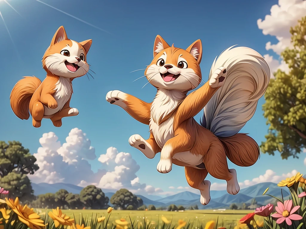 Flying Shiba Inu, fluffy clouds, vibrant blue sky, joyful expression, playful attitude, cute and adorable, soft and furry, magical atmosphere, dreamlike scene, floating in the air, carefree spirit, boundless freedom, soaring through the sky, wagging tail, graceful movements, sunlight shining through the clouds, serene and peaceful, whimsical and enchanting, wonder and awe, surreal experience. (best quality, highres, ultra-detailed, photorealistic:1.37), vivid colors, soft lighting, dreamy color palette.