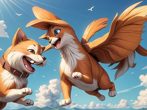 Flying Shiba Inu, fluffy clouds, vibrant blue sky, joyful expression, playful attitude, cute and adorable, soft and furry, magic...