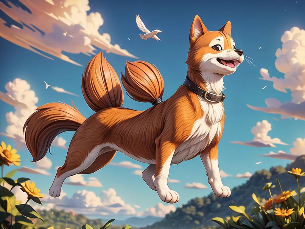 Flying Shiba Inu, fluffy clouds, vibrant blue sky, joyful expression, playful attitude, cute and adorable, soft and furry, magical atmosphere, dreamlike scene, floating in the air, carefree spirit, boundless freedom, soaring through the sky, wagging tail, graceful movements, sunlight shining through the clouds, serene and peaceful, whimsical and enchanting, wonder and awe, surreal experience. (best quality, highres, ultra-detailed, photorealistic:1.37), vivid colors, soft lighting, dreamy color palette.