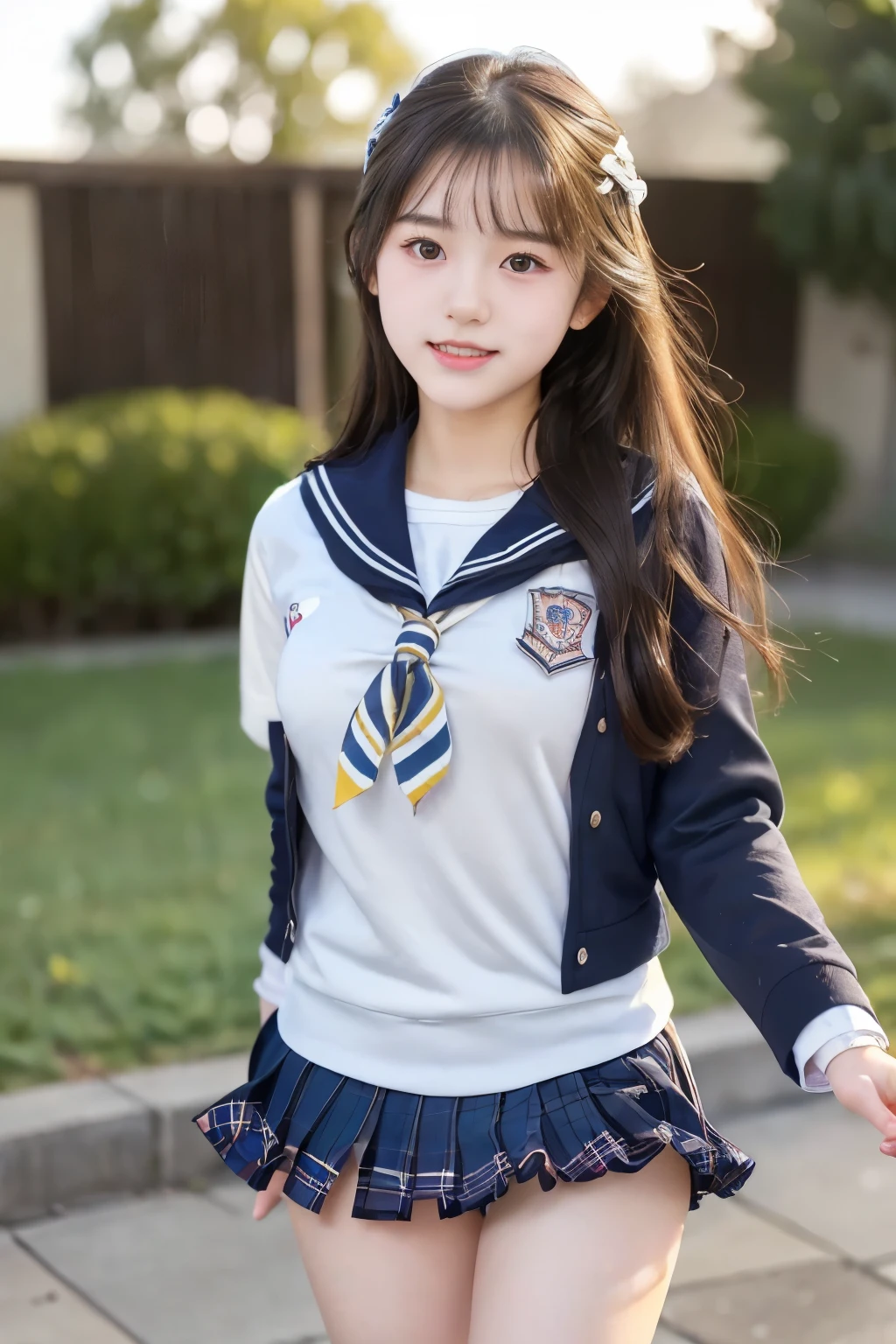 (((masterpiece))), (Beautiful Japanese Girl, Classmate, Innocence，cute) ，超A high resolution, Realistic, Ultra-detailed, 8k,highest quality, Very detailed,Slender figure,とてもBeautiful Japanese Girl, (Detailed face:1.3), (Beautiful Long Hair，Black-haired :1.4), (Baby Face，cute系,Adorable), (Perfect body:1.1),85mm,Official AR RAW Photos, Show me your ears，photo shoot, Looking at the audience, smile、No makeup, Rosy Cheeks，Film Grain, chromatic aberration, Sharp focus, Face Light, Bright lighting, ((((((14-year-old junior high school student))))))、Slender figure，(A proper sailor uniform、Navy Blue Skirt)、(((White panties，Beautiful thighs)))，show me your beautiful teeth,非常にDetailed face、Detailed lips、Detailed eyes、Junior Gravure Idol，Clear Skin，Japanese high  with school emblem on the chest，Crouching