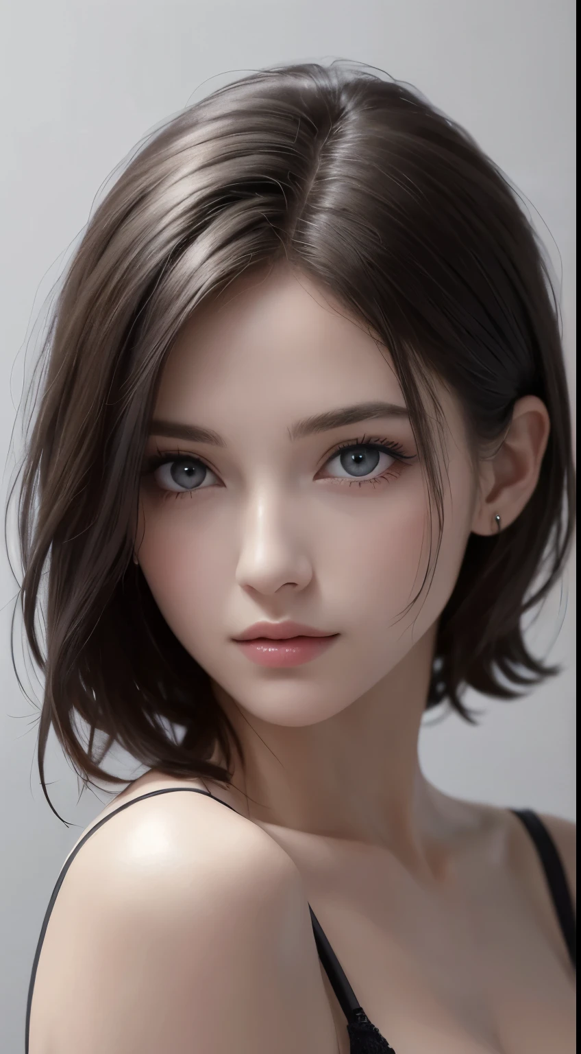 8K  UHD、RAWphotograph、Model photo shoot、 European race、(masterpiece、highest quality、Photorealistic、High resolution、photograph:1.3)、Close-up、Focusing、Hot Model、slim、30 year old mature woman、Small face、No makeup、Short Hair、Dark Brown Haine beautiful eyes、Real Skin、(perfect body)、Sexy hot face、Erotic、Sexual gaze、slim、Sweat top、Detailed beautiful eyes、Glossy lips、Small breasts、Small breasts、Bust B cup、((Bright light、Dynamic lighting、Real、超Real、 Realism、Realistic details、Cool beauty、Cool pose、Background gray、Plain grey background