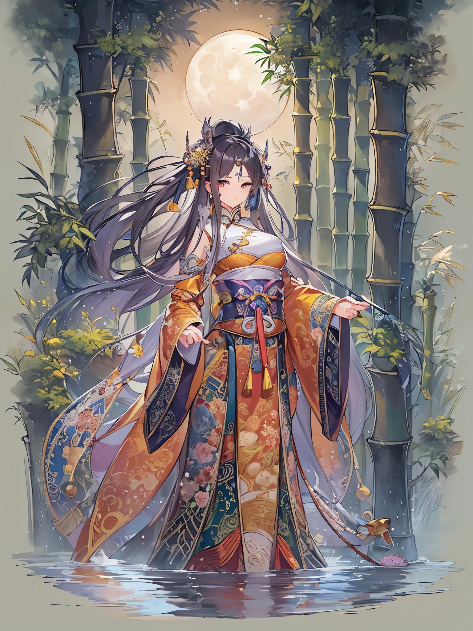((highest quality)),(Ultra-high resolution),(Very detailed),(Detailed Description),((The best CG)),(A masterpiece),Ultra-precise art,amazing drawing art,(Chinese fantasy art with intricate details:1.5), (Beautifully patterned Hu clothing with intricate and detailed depictions:1.5),(Beautiful and well-proportioned face:1.4),Loin cloth:1.3,smile:1.4, ((bamboo forest:1.5)), (Moon after the Rain:1.4), (Night dew:1.3,)