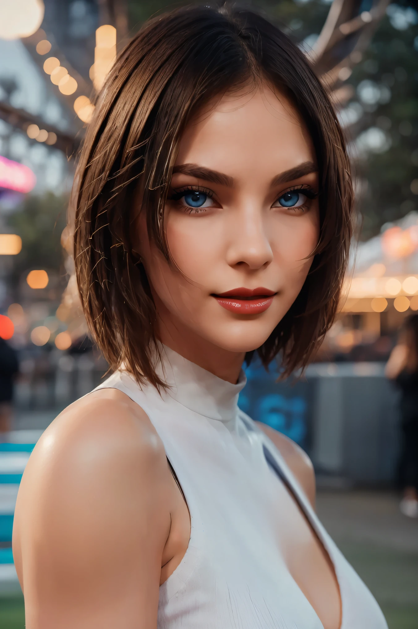 (Blue Eyes), smiling, beautiful woman of 35 years old, short shoulder length hair (bob), pale white skin (highly detailed), bright blue eyes, perfect body, makeup, red lips, ((small breast)). (Best Quality, 8k, Masterpiece: 1.3), perfect hands, Clear Focus: 1.2, Perfect Body Beauty: 1.4 , Slender Abs: 1.2, Highly detailed face and skin texture, detailed eyes, double eyelids, red lips, (very long sweater), tight jeans, standing, dynamic pose, look back, in an amusement park at night illuminated by the lights of the games, Colored lights, deep on field.