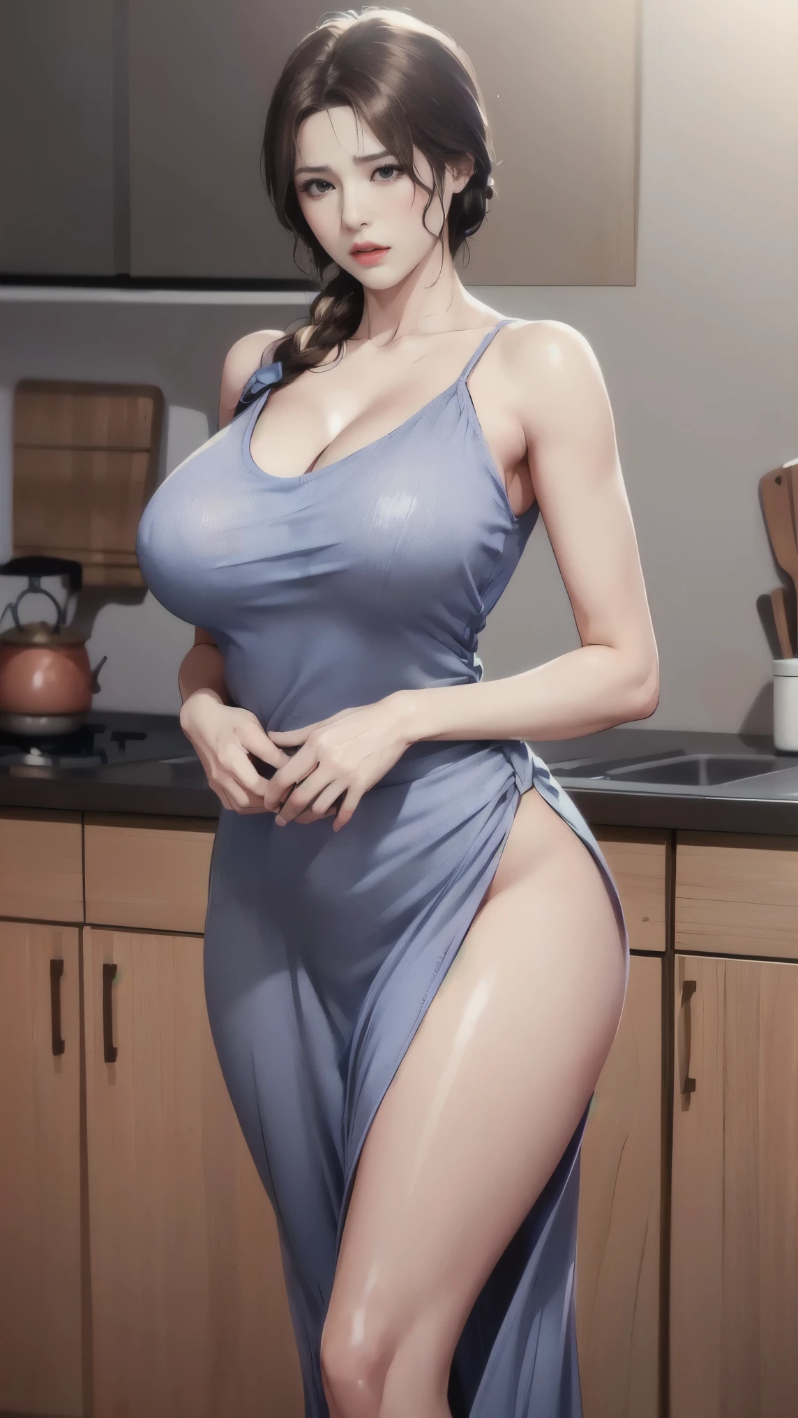 A woman in a blue dress standing in a kitchen - SeaArt AI