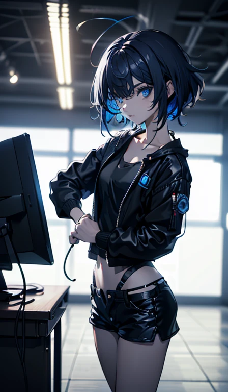 (photo Aesthetic , wallpaper ,8k), (masterpiece, vibrant, best Quality), 1 adult woman, solo, short black hair, Messy hair , blue eyes, tank top, black Jacket, wide hips, shorts, Playing games, Holding a mouse, computers, (lighting from a computer), (high angle), indoor, night