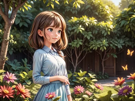 best quality,4k,highres,ultra-detailed,realistic,butterfly chasing scene,beautiful garden,colourful flowers,bright sunlight,girl...