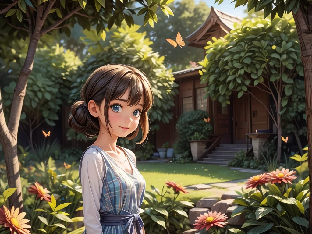 best quality,4k,highres,ultra-detailed,realistic,butterfly chasing scene,beautiful garden,colourful flowers,bright sunlight,girl with flowing dress,expressive eyes and lips,natural and vibrant colours,soft and warm lighting,impressionistic style,lush greenery,sunrays filtering through trees,gentle breeze,stunning details,ethereal atmosphere,peaceful and serene setting,nature-inspired artwork,captivating composition,playful and joyful mood,graceful butterfly flight,delicate and intricate wings,subtle texture,exquisite brushwork,alive with movement and energy,harmonious blend of realism and abstraction,sense of wonder and enchantment,immersive visual experience,artistic masterpiece