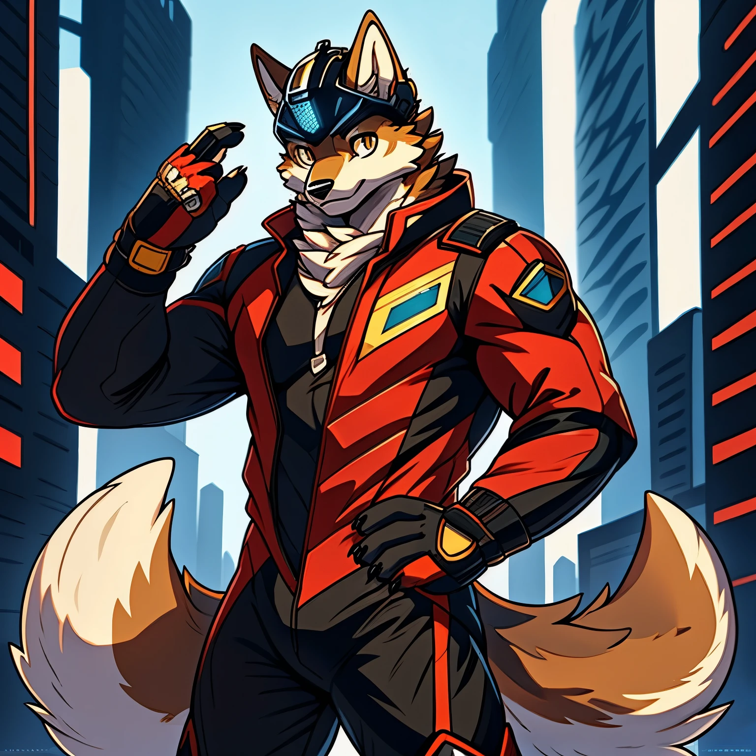 Furry，shaggy，Brown fur，male people，canid，Brown wolf，solo person，sharp talons，Brown-skinned， Golden eyes，Fluffy tail，tightsuit，cyber punk perssonage，combat helmet，super heroes，ultra - detailed：1.0