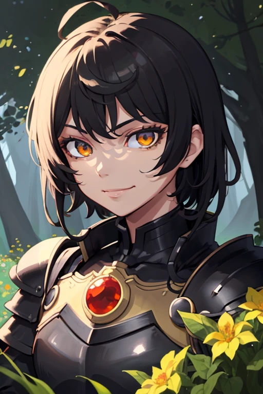 ((Masterpiece: 1.2, Best quality)),(Tough knight, Short black hair, Golden eyes, scar across right eye, Black armor), fantasy, forest, Blooming flowers, Sunlight, Fantastic light and shadow, landscape, Highly detailed face, Portrait, Smile