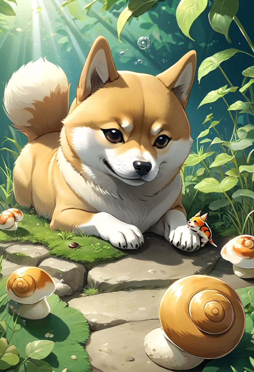(best quality, highres:1.2), ultra-detailed, realistic:1.37, wide-angle shot, facing the camera, Beautiful Shiba Inu resting on its front legs, sniffing a snail, anime:1.2, stunning high-resolution and sharp illustration