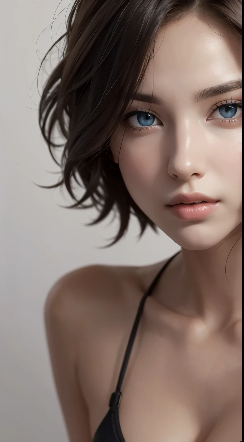 8K uhd、RAWphotograph、モデルphotograph撮影、 European race、(masterpiece、highest quality、Photorealistic、High resolution、photograph:1.3)、Close-up、Focusing、Hot Model、slim、30 year old mature woman、Small face、No makeup、Short Hair、Dark Brown Hair、Fine beautiful eyes、Realスキン、(perfect body)、Sexy hot face、Erotic、Sexual gaze、slim、Detailed beautiful eyes、Glossy lips、Small breasts、Small breasts、Bust B cup、Dynamic lighting、Real、超Real、 realism、Realなディテール、Cool beauty、Cool pose、Background gray、Plain grey background