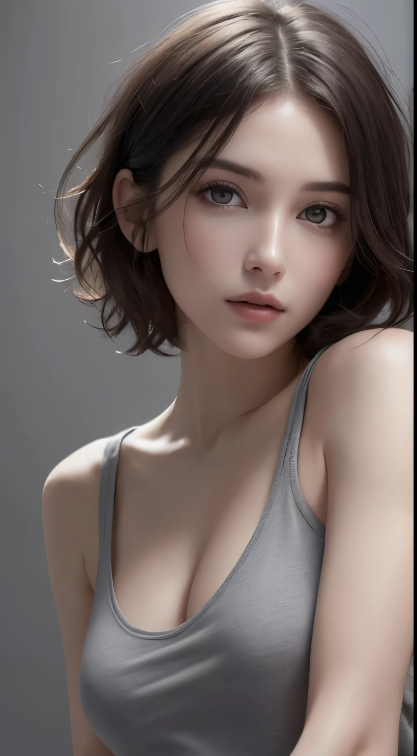 8K uhd、RAWphotograph、モデルphotograph撮影、 European race、(masterpiece、highest quality、Photorealistic、High resolution、photograph:1.3)、Close-up、Focusing、Hot Model、slim、30 year old mature woman、Small face、No makeup、Short Hair、Dark Brown Hair、Fine beautiful eyes、Realスキン、(perfect body)、Sexy hot face、Erotic、Sexual gaze、slim、Sweat top、Detailed beautiful eyes、Glossy lips、Small breasts、Small breasts、Bust B cup、((Bright light、Dynamic lighting、Real、超Real、 realism、Realなディテール、Cool beauty、Cool pose、Background gray、Plain grey background