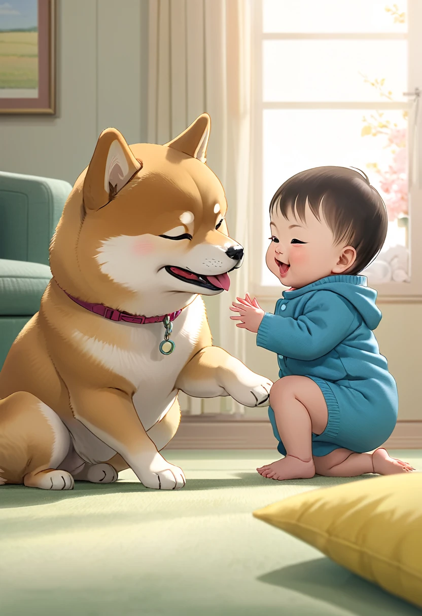 柴犬與嬰兒玩耍,可愛可愛,日本卡通,高畫質,高解析度,(最好的品質,4k,8K,高解析度,傑作:1.2),超詳細,(實際的,photo實際的,photo-實際的:1.37),玩具般的俏皮氛圍,可愛的表情,毛茸茸的,充滿樂趣的遊戲時間,可愛的笑容,鮮豔的色彩,柔和溫暖的燈光,柴犬與寶寶之間的滑稽互動,感人又暖心的時刻,肖像,情感上令人著迷.