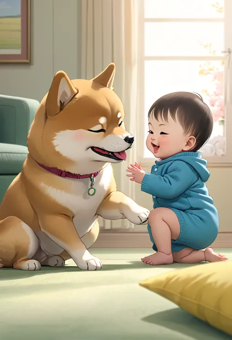 Shiba Inu playing with a baby,cute adorable,anime,high definition,high resolution,(best quality,4k,8k,highres,masterpiece:1.2),u...