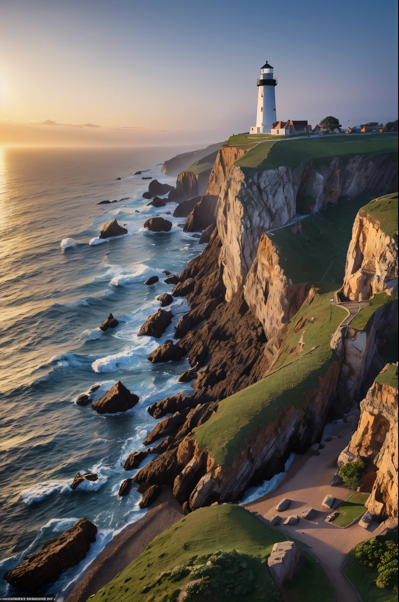 peinture à l&#39;huile, Le phare au bord de la côte, Un vieux phare médiéval se dresse le long d&#39;une côte accidentée, illuminant l&#39;obscurité de la nuit. Ses rayons de lumière chaude pénètrent le brouillard et indiquent le chemin aux navires, tandis que le bruit des vagues s&#39;écrase contre les rochers, chef-d&#39;œuvre, Détails élevés, 8k, complexe, détaillé, haute résolutionolution, haute résolution, Haute qualité, highly détaillé, détails extrêmement haute résolution, texture fine