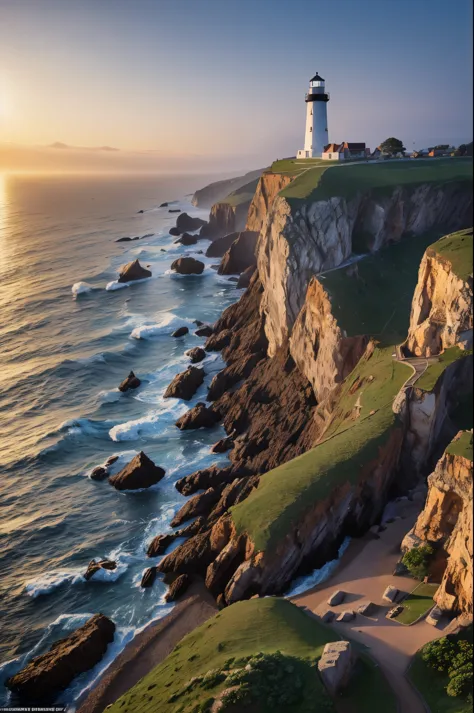 Oil painting, The lighthouse on the edge of the coast, An old medieval lighthouse stands along a rugged coastline, illuminating ...