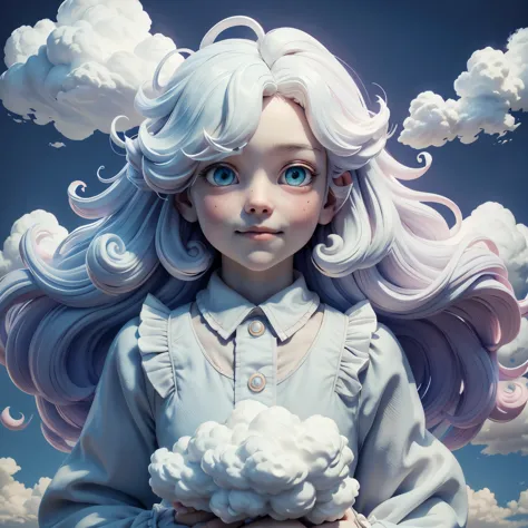 10 years old girl,cloud body,head made of clouds,hands made of clouds,cloud anatomy,hair made of clouds,white light eyes,flying ...