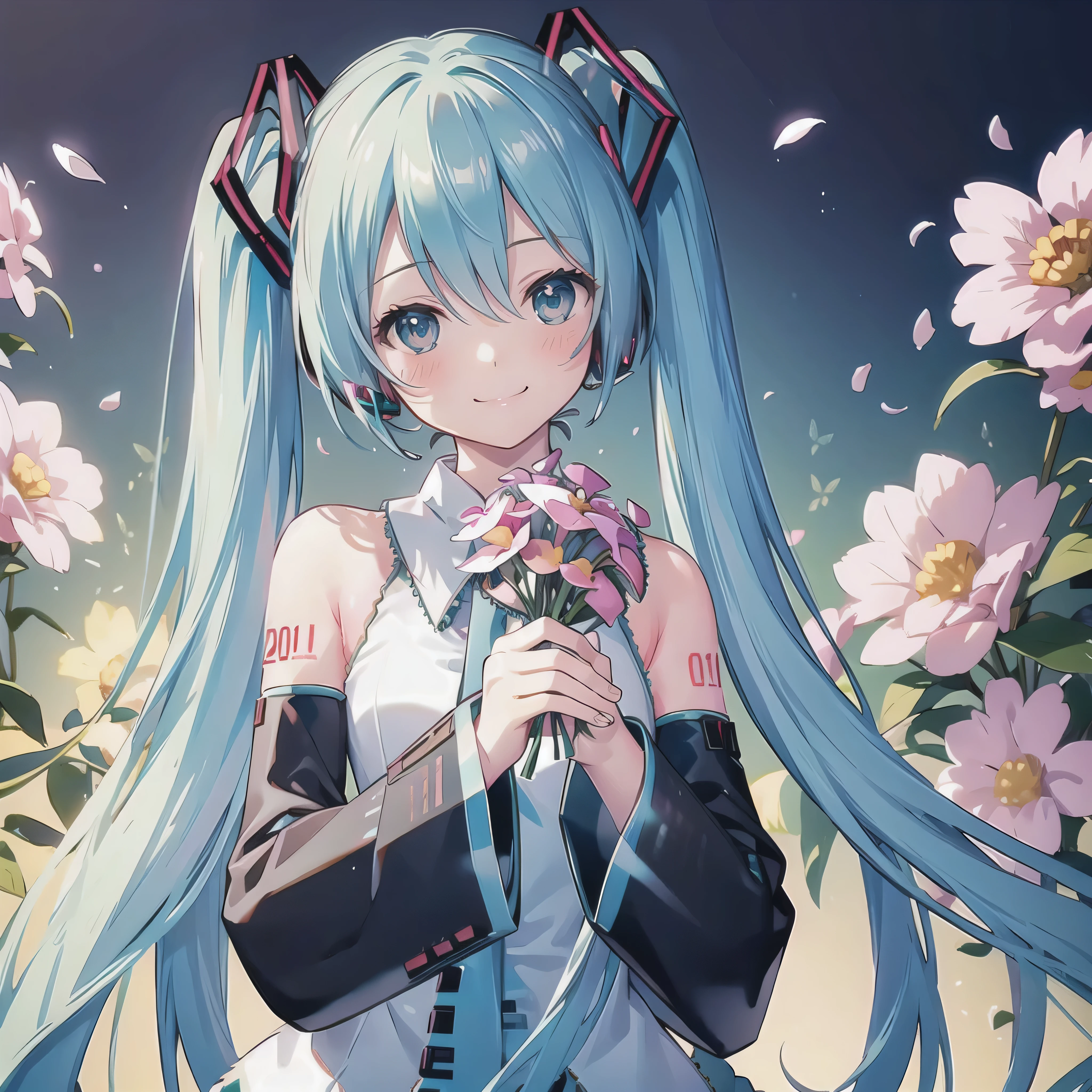 (best quality, masterpiece, high resolution, ultra detailed, illustration, detailed skin, intricate eyes, perfect anatomy, detailed face:1.2), (solo, hatsune miku:1.5), (pretty face, short stature), BREAK (smile, blush:1.5), (butterfly:1.2), (look at viewer, upper body, petal background, holding bouquet:1.8) BREAK (solid white blouse with blue edge, solid white sleeveless clothe with blue edge, solid white collar), BREAK (black independent sleeves, black detached sleeves:1.3)