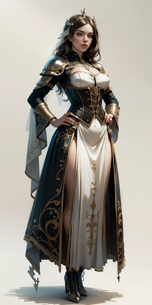 full body of a woman in a dress with a veil, feet together, standing feet together, militar boots, beautiful fantasy maiden slave warrior, beautiful fantasy art portrait, fantasy victorian art, medieval fantasy art, beautiful and elegant queen Roxxane, portrait of queen of light, fantasy portrait art, gothic fantasy art, a beautiful fantasy empress, ((white background)) hands on hips