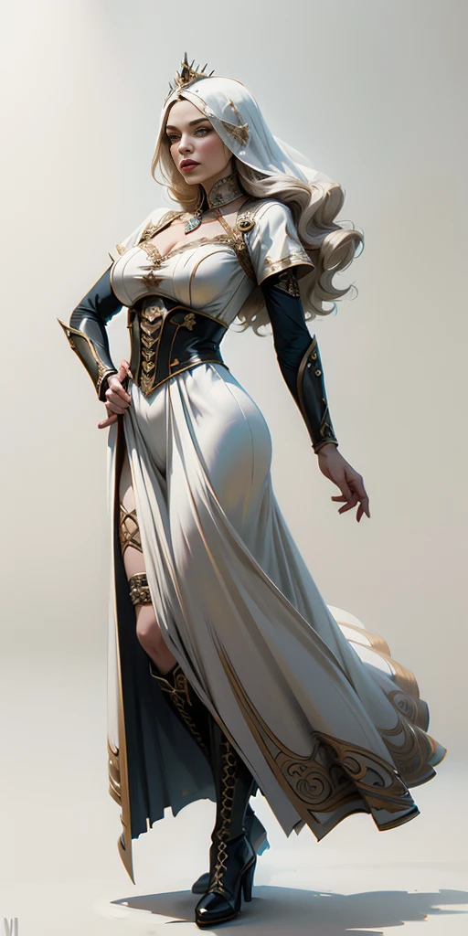 full body of a woman in a dress with a veil, feet together, standing feet together, militar boots, beautiful fantasy maiden slave warrior, beautiful fantasy art portrait, fantasy victorian art, medieval fantasy art, beautiful and elegant queen Roxxane, portrait of queen of light, fantasy portrait art, gothic fantasy art, a beautiful fantasy empress, ((white background)) hands on hips