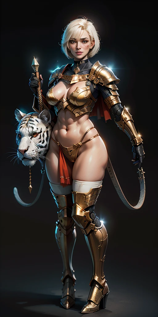 Masterpiece, (flat black background:1.2) solo, detailed face, intricate iris, thick lips, robot girl, (gold and white skin), realistic illustration of a (cyborg girl), (RED eyes), IvoryGoldAI, (freckles),(holding BREATHTAKING:1.2), (gold and white armor:1.2), (looking at viewer:1.2), parted lips, standing straight symmetrical, looking at viewer, lustful smirking smile face red blushed red cheeks, thick thighs, thigh highs, thigh, boots, armor, armored boots, full body armor, bikini armor, big breastplate, pauldron, bracers, leather black choker, tiger claws gloves, short bob white haircut, helmeted, metal shoulders, red long loincloth, longest blue cape reach to the waist, shackles and chains wristbands