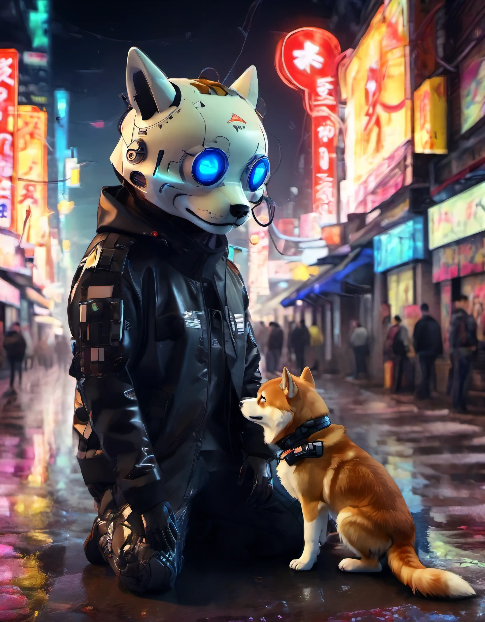 (Shiba Inu de pêlo curto),(melhor qualidade,alta resolução,obra de arte:1.2),Retrato,realista，Xianxia，Ciberpunk，Entrelaçamento de luz e sombra.ar livre,alta tecnologia，cidade，antropomórfico，néon，Antecedentes cibernéticos