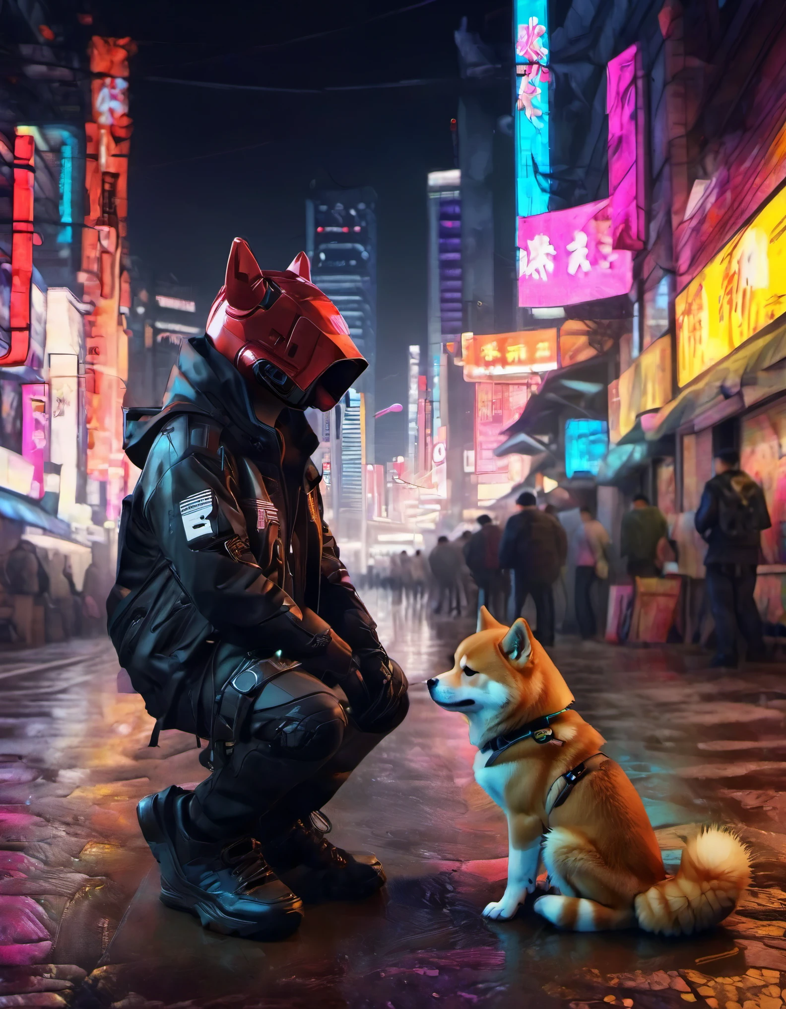 (short-haired Shiba Inu),(best quality,highres,masterpiece:1.2),portrait,realistic，xianxia，Cyberpunk，Interweaving of light and shadow.outdoor,high tech，City，Anthropomorphic，Neon，Cyber Background