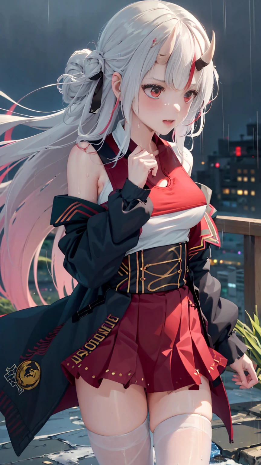 realistic, anime, 1girl,bangs, long hair, big breasts, perfect body, off shoulder, white hair, rainbow hair, oversized T-shirt, white T-shirt, black bra, bare legs, thigh, cleavage, collarbone, (extremely detailed CG unity 8k wallpaper, masterpiece, best quality, ultra-detailed, best shadow), (masterpiece:1.2, best quality), very red eyes, sweat, soft body, cute, arm strap, thigh strap, multicolor eyes, outside, out door, raining, night, wet cloths, standing, standing in the rain, wet hair, wet skin, see through, (heavy rain), ruined  building, messy ground, bullet shells on ground, dust, wounds, walking, jacket, tactical suit, military equipment, (night), white legwear, wet thighs, ((lotion)), from behind, (wet), dress, skirt, , happy, happy expression, thighs, from below, horizon, \(weapon\), ((sweat:1.2))