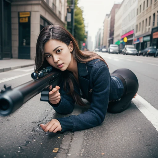 Generated in SFW, masterpiece, highest quality, front, Anatomically correct, Very detailed, A girl shooting prone with a rifle in the city, (Hold a high-powered rifle in your right hand and aim at the target:1.2)、add your left hand, A dignified and courageous beauty, (Place the stock firmly on your right shoulder)、Stare intently at the target, Strong and fleeting eyes, Anatomically correct美しい腕, Perfect and beautiful photo pose, A precision assault rifle, perfectly designed and accurate, break, Face down on the ground and shoot, (Full Body Shot:1.2), Shooting from the ground, 