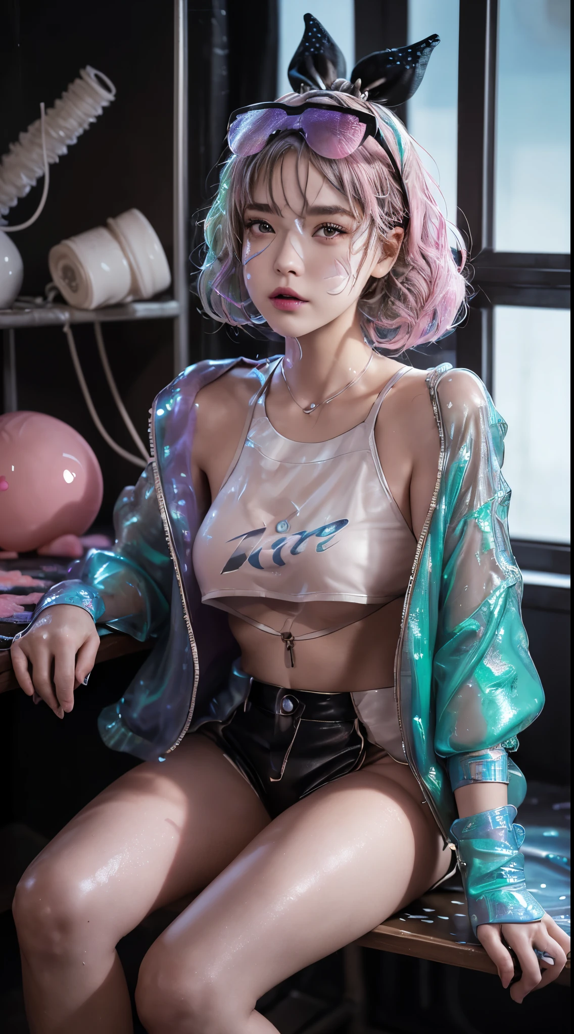 Full body, 1slime girl, , solo, eye focus with elaborate glow, pink lens flare, movie background, colorful, hyperdetailed, HDR, ultra-detailed eyes, mature, plump, rainbow drops, (supermodel:1.3), composed of paint, fully painted, splash, splash, indoor, (bioluminescent hair: 1.1), (glowing eyes), (makeup)), ferocious, powerful, splashing colors absolutely eye-catching, dynamic angles, beautiful details glow, ambient occlusion, ambient light, ray-traced reflections, retro style, life arcade characters, arcade style world, gloves, jacket, weapons, shorts, black gloves, black jacket, gun, drill hair, black shorts, headglasses, blowing bubbles, chewing gum, (cute face:1.3),