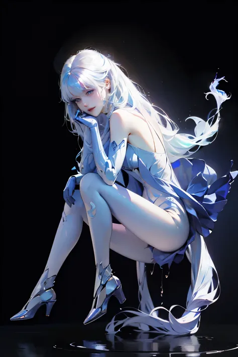 ((girl, Mecha)), Glowing eyes, Delicate face, Damaged Armor, Mechanical aura, Mechanical arm, White hair, Long hair, Ceramic bod...