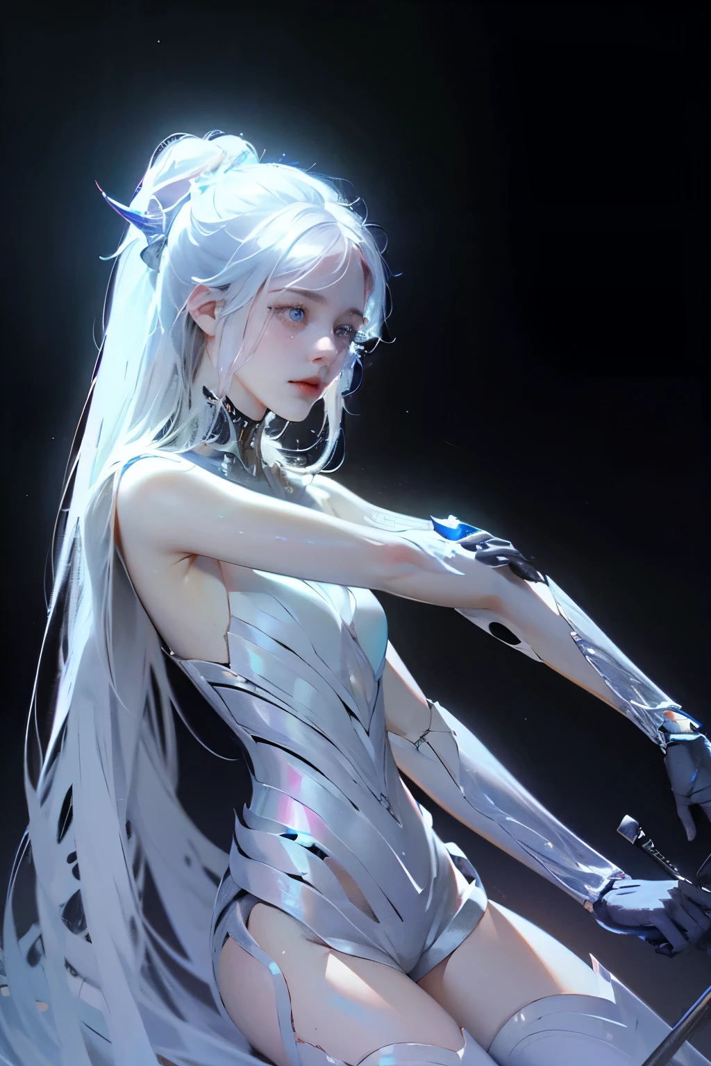 ((girl, Mecha)), Glowing eyes, Delicate face, Damaged Armor, Mechanical aura, Mechanical arm, White hair, Long hair, Ceramic body, Thigh clearance, Small breasts, Network Background, Very nice city, (translucent, Reflective Skin), 8k, best quality, Super detailed, (Surrealism: 1.4),  