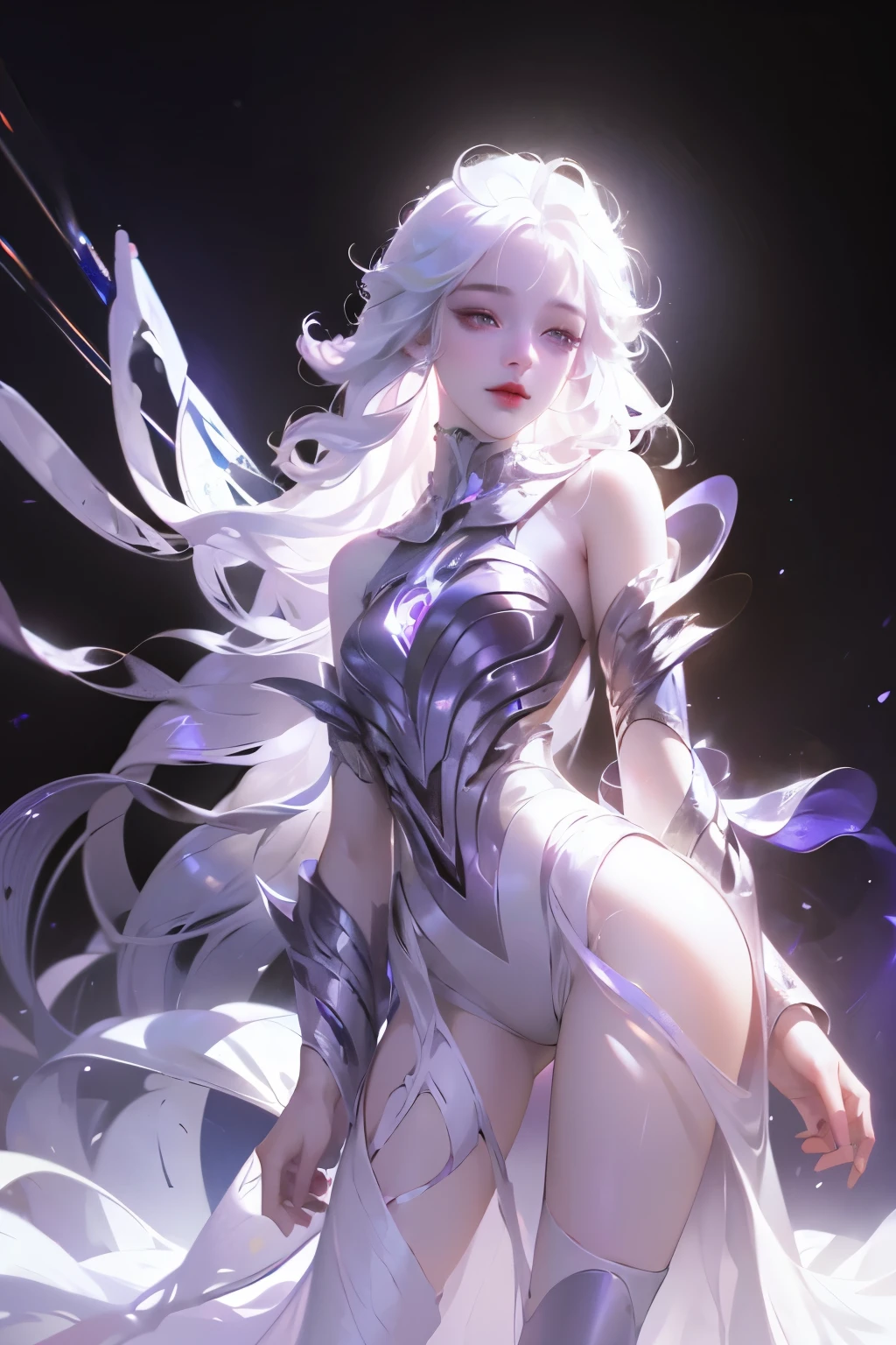 ((girl, Mecha)), Glowing eyes, Delicate face, Damaged Armor, Mechanical aura, Mechanical arm, White hair, Long hair, Ceramic body, Thigh clearance, Small breasts, Network Background, Very nice city, (translucent, Reflective Skin), 8k, best quality, Super detailed, (Surrealism: 1.4),  