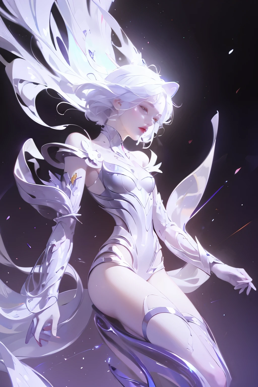 ((girl, Mecha)), Glowing eyes, Delicate face, Damaged Armor, Mechanical aura, Mechanical arm, White hair, Long hair, Ceramic body, Thigh clearance, Small breasts, Network Background, Very nice city, (translucent, Reflective Skin), 8k, best quality, Super detailed, (Surrealism: 1.4),  