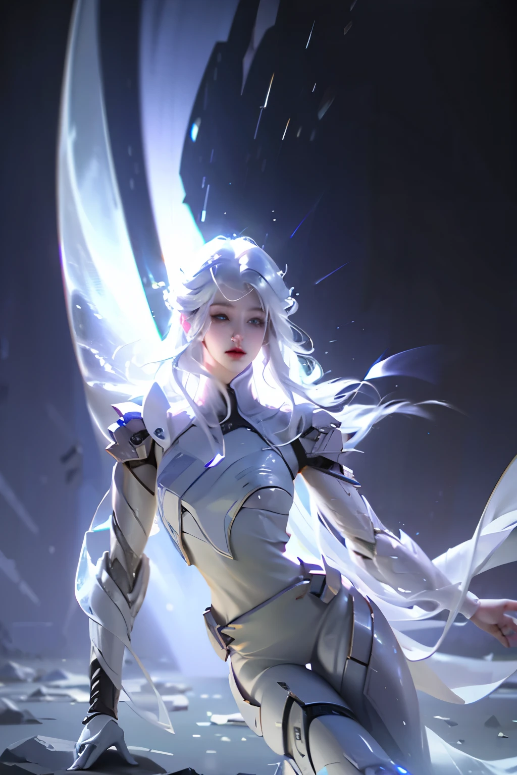 ((girl, Mecha)), Glowing eyes, Delicate face, Damaged Armor, Mechanical aura, Mechanical arm, White hair, Long hair, Ceramic body, Thigh clearance, Small breasts, Network Background, Very nice city, (translucent, Reflective Skin), 8k, best quality, Super detailed, (Surrealism: 1.4),  