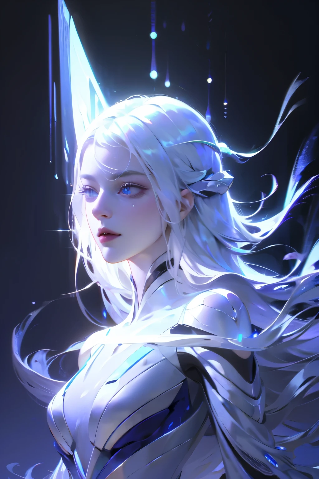 ((girl, Mecha)), Glowing eyes, Delicate face, Damaged Armor, Mechanical aura, Mechanical arm, White hair, Long hair, Ceramic body,Network Background, Very nice city, (translucent, Reflective Skin), 8k, best quality, Super detailed, (Surrealism: 1.4),  