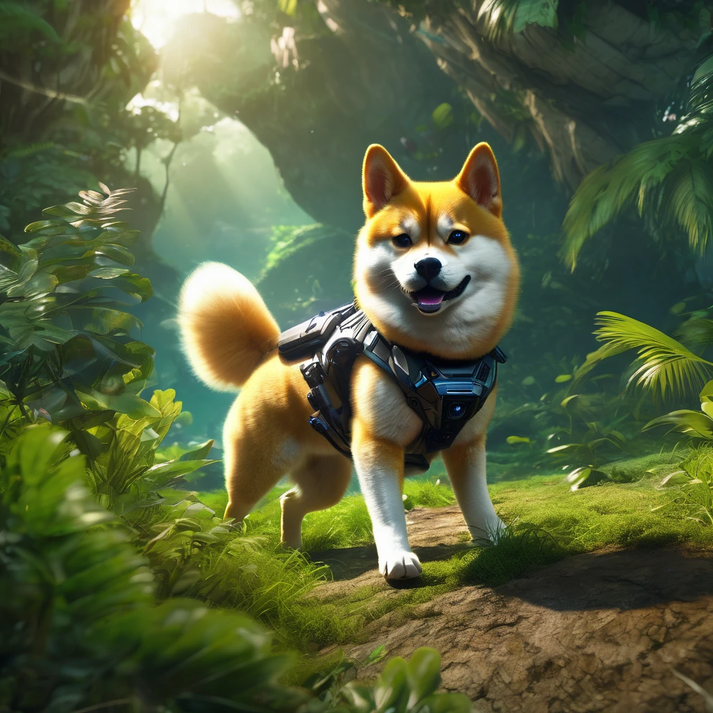 (best quality, highres, ultra-detailed, realistic:1.37), Shiba Inu cyborg super-soldier finds himself on an alien world, surrounded by a playful and fascinating cat kingdom. The Shiba Inu is equipped with mechanical enhancements, including robotic limbs and glowing electronic eyes. As he explores the exotic landscape, he is accompanied by a group of cat creatures that are curious and friendly towards him. The lush and vibrant jungle is filled with towering trees, colorful flowers, and twisting vines that create a surreal and dreamlike environment. The air is filled with the delightful chirping of birds and the mesmerizing sounds of nature. At the top of a steep hill, the Shiba Inu's rocket, shaped like a giant tennis ball, stands tall and ready for adventure. The rocket is adorned with futuristic technology, giving it a sleek and powerful appearance. The sky above is bathed in warm hues of purple and blue, casting a serene and otherworldly glow. The gentle beams of sunlight filter through the canopy, creating beautiful patterns of light and shadow on the forest floor. As the Shiba Inu embarks on this intergalactic escapade, he embraces the unknown with excitement and curiosity, ready to uncover the mysteries of this extraordinary world.