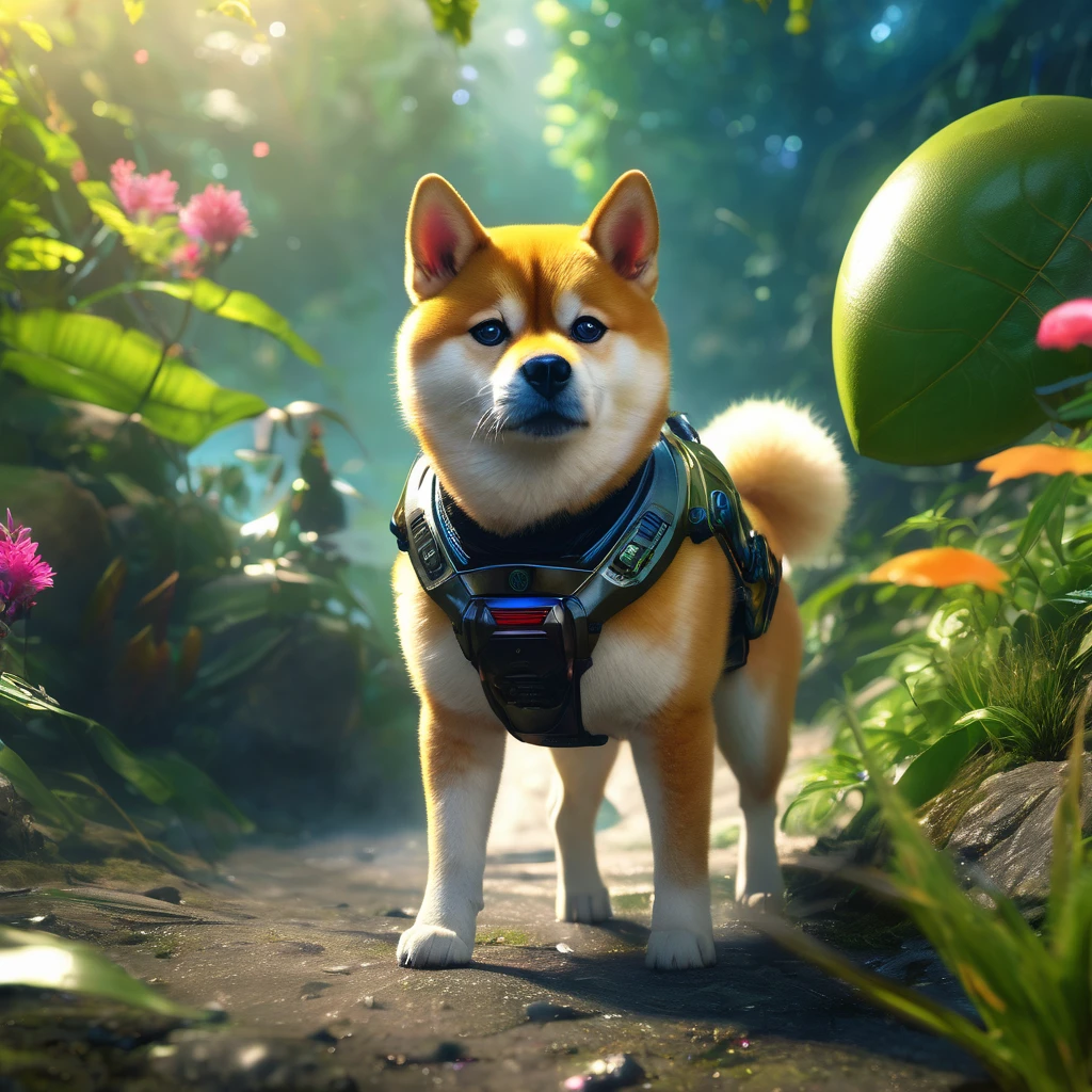 (best quality, highres, ultra-detailed, realistic:1.37), Shiba Inu cyborg super-soldier finds himself on an alien world, surrounded by a playful and fascinating cat kingdom. The Shiba Inu is equipped with mechanical enhancements, including robotic limbs and glowing electronic eyes. As he explores the exotic landscape, he is accompanied by a group of cat creatures that are curious and friendly towards him. The lush and vibrant jungle is filled with towering trees, colorful flowers, and twisting vines that create a surreal and dreamlike environment. The air is filled with the delightful chirping of birds and the mesmerizing sounds of nature. At the top of a steep hill, the Shiba Inu's rocket, shaped like a giant tennis ball, stands tall and ready for adventure. The rocket is adorned with futuristic technology, giving it a sleek and powerful appearance. The sky above is bathed in warm hues of purple and blue, casting a serene and otherworldly glow. The gentle beams of sunlight filter through the canopy, creating beautiful patterns of light and shadow on the forest floor. As the Shiba Inu embarks on this intergalactic escapade, he embraces the unknown with excitement and curiosity, ready to uncover the mysteries of this extraordinary world.